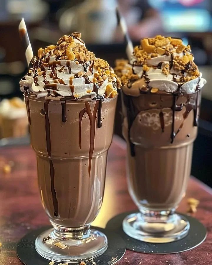 Decadent peanut butter chocolate shake topped with whipped cream and chocolate drizzle