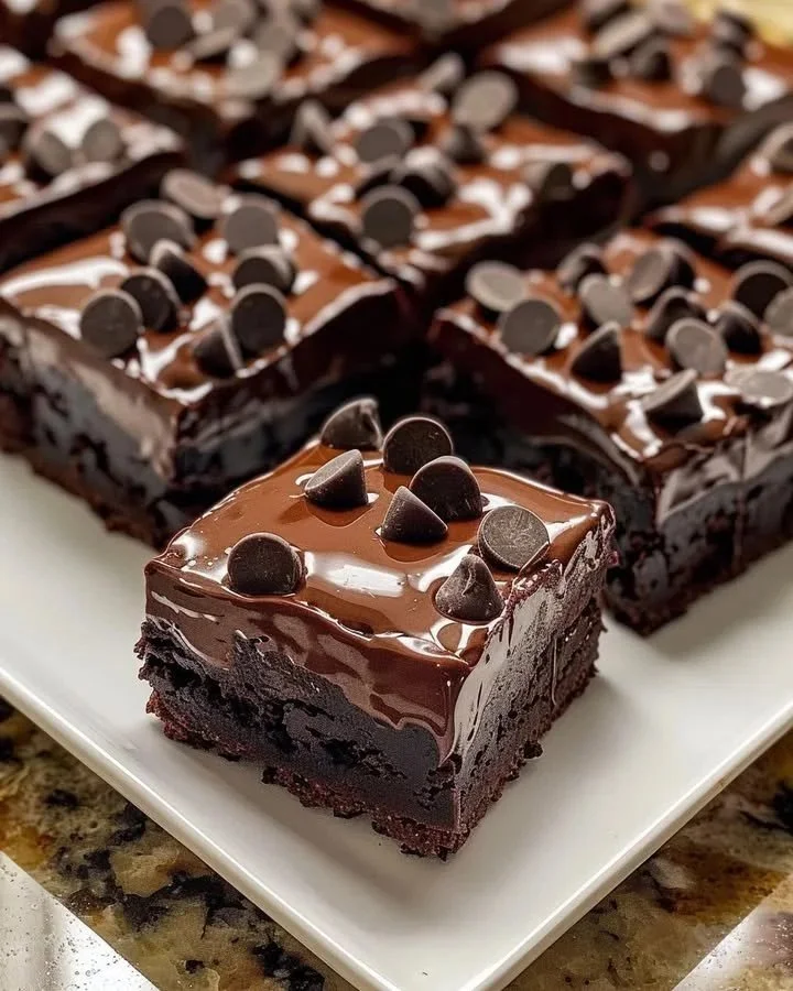 Plate of decadent triple-chocolate fudge brownies topped with chocolate shavings