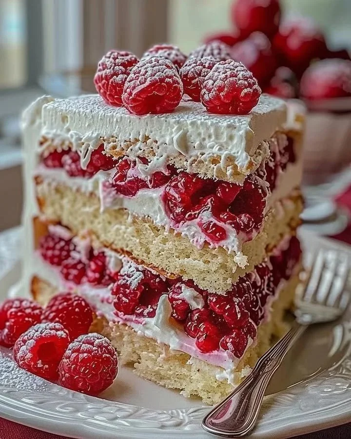 Delicate raspberry layer cake with fresh raspberries and whipped cream