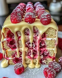 Slice of Divine White Chocolate Raspberry Cake with raspberries and white chocolate ganache