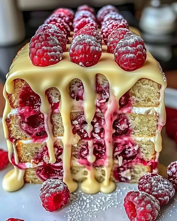 Slice of Divine White Chocolate Raspberry Cake with raspberries and white chocolate ganache