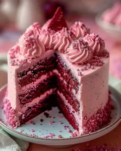 Dreamy pink velvet cake with cream cheese frosting, ideal for any special occasion.