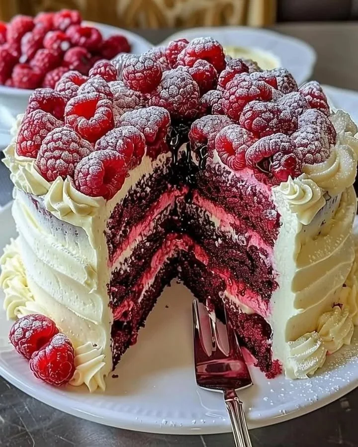 Delicious white chocolate raspberry cake with vibrant raspberries and creamy frosting.