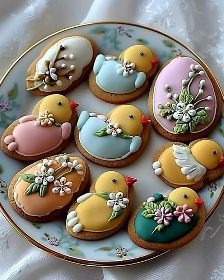 Festive Easter cookies shaped like cute chicks and colorful flowers.