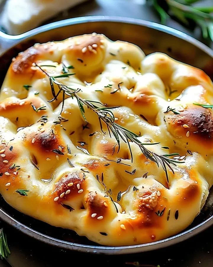 Freshly baked focaccia bread topped with herbs and olive oil