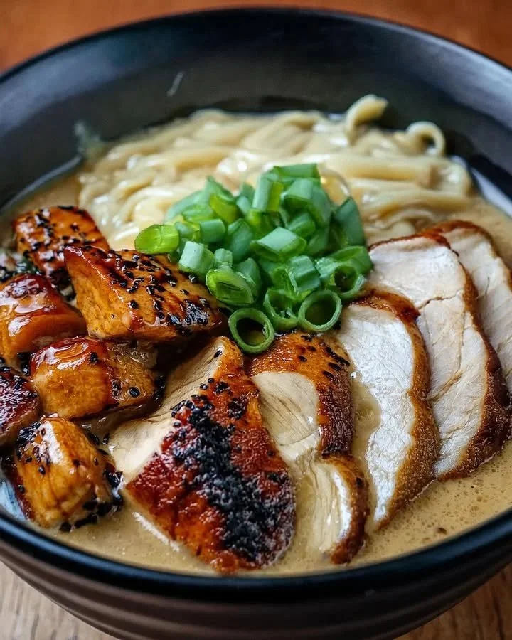 Bowl of Fiery Creamy Garlic Chicken Ramen with fresh ingredients