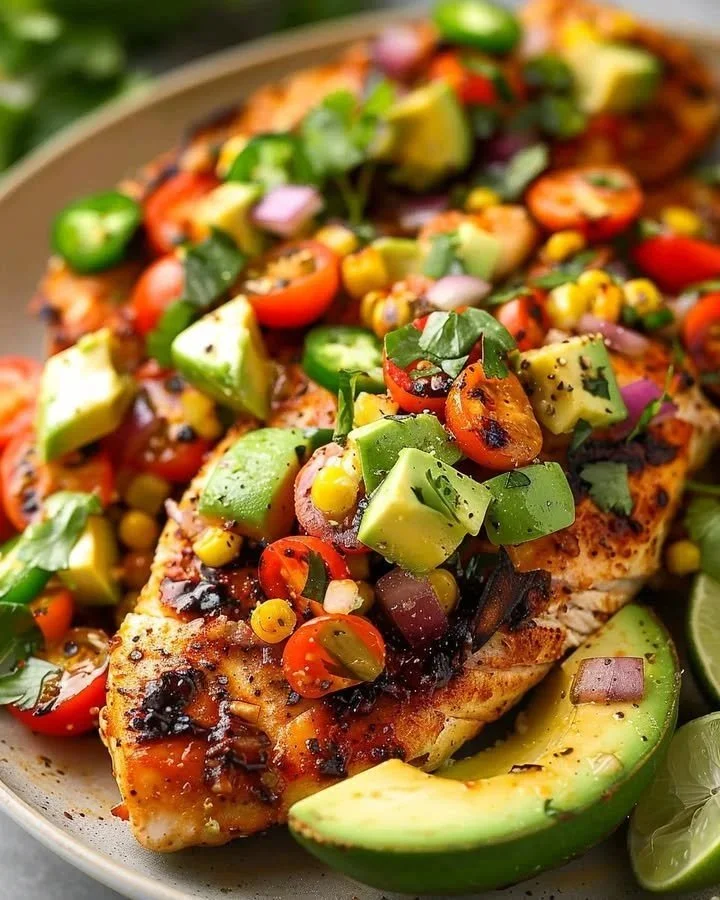 Fiesta Lime Chicken with creamy avocado garnished with lime slices