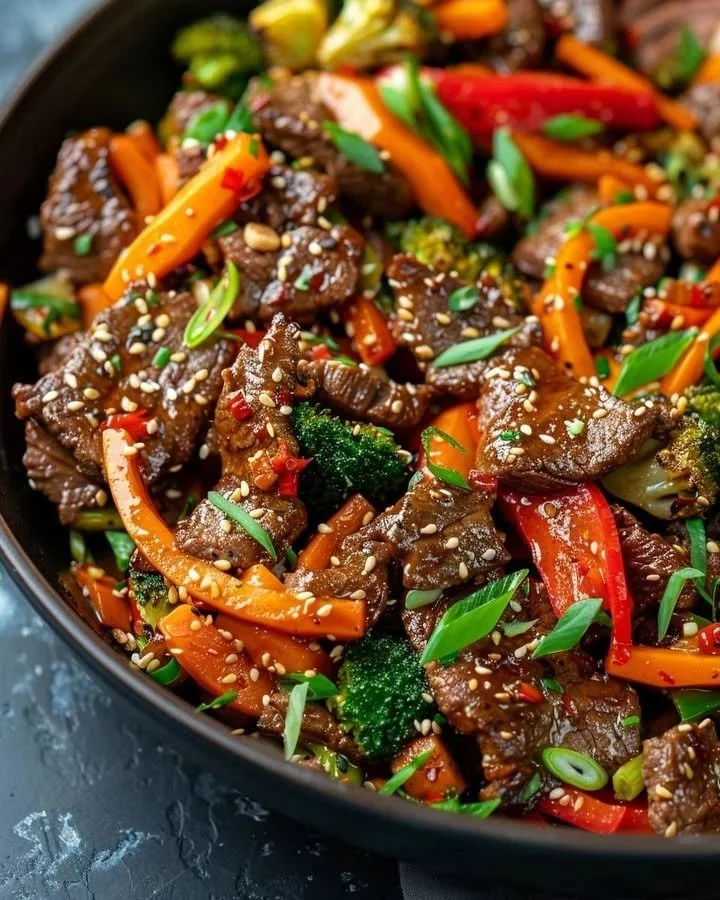 Flavorful beef stir-fry with fresh vegetables and savory spices
