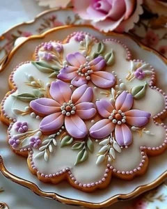 Decorative Floral Butter Cookies with Icing on a plate