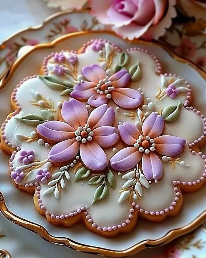 Decorative Floral Butter Cookies with Icing on a plate