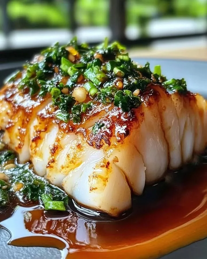 Plate of Ginger Glazed Cod drizzled with soy glaze, garnished with green onions