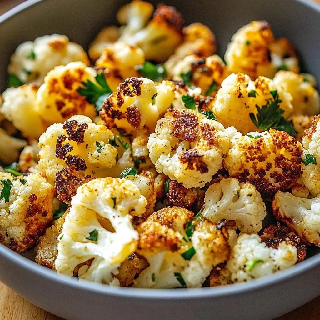Golden crispy roasted cauliflower seasoned and baked to perfection
