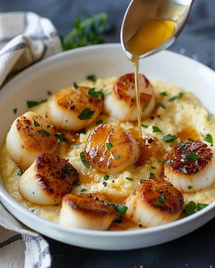 Golden scallops served on creamy parmesan polenta for a delicious meal