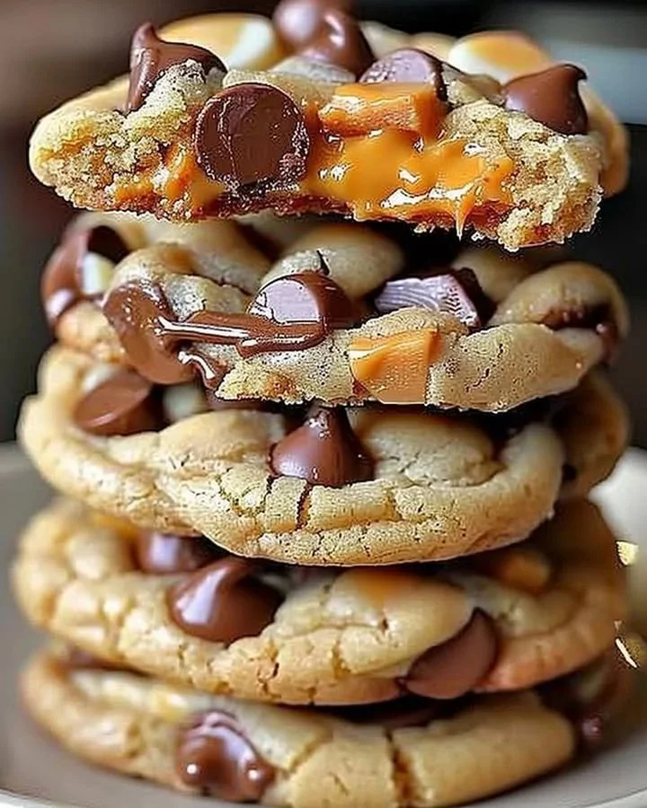 Gooey cheesecake cookies featuring Reese's pieces on a plate