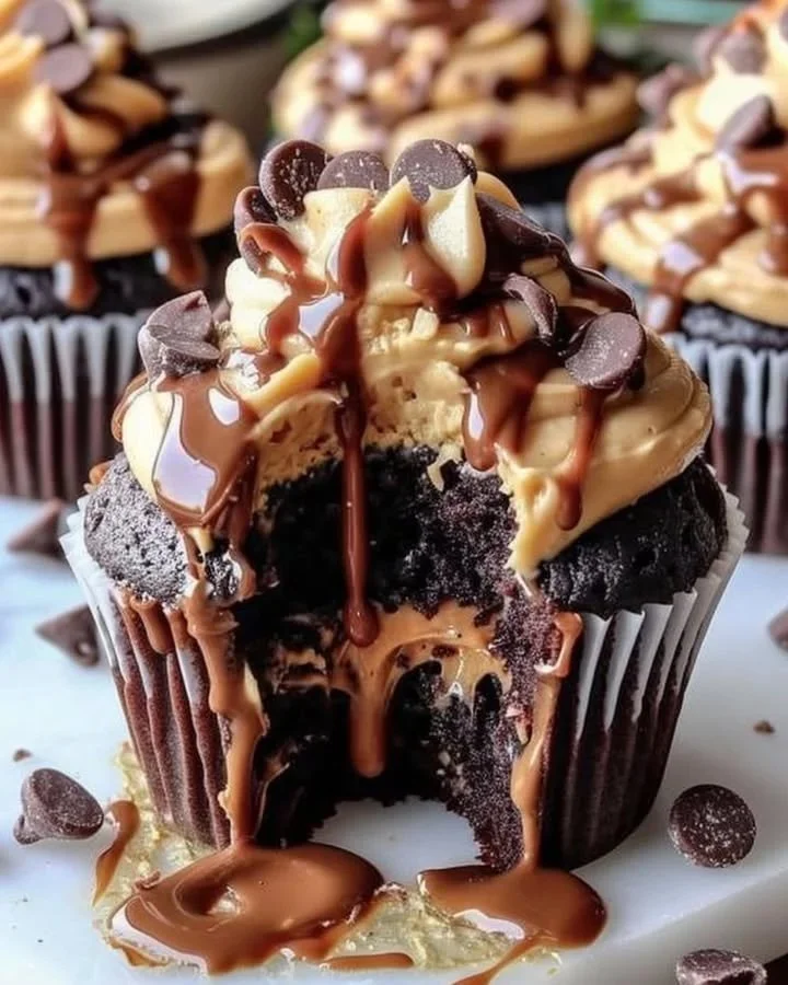 Gooey peanut butter lava cakes with melted chocolate center served on a plate.