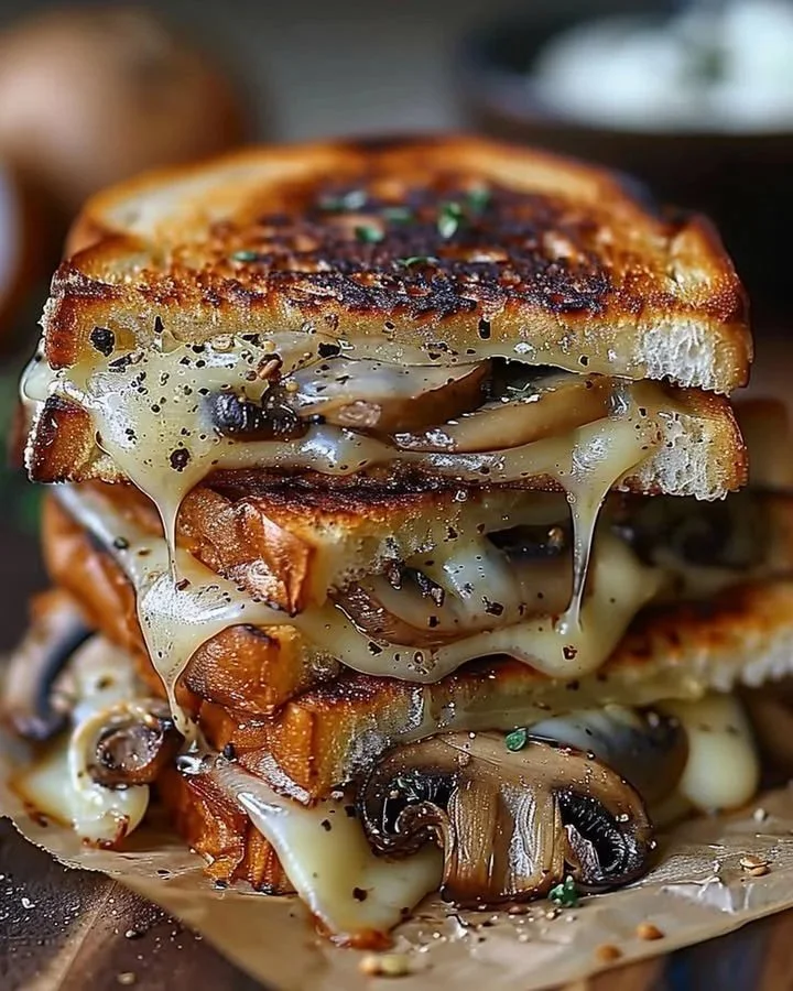 Gouda mushroom-onion grilled cheese sandwich served on a wooden board.