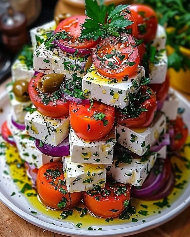 Grecian Feta Salad Stack with vibrant vegetables and feta cheese