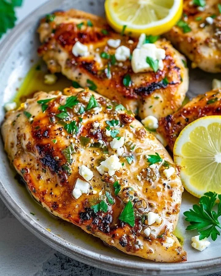 Greek Lemon Chicken garnished with feta cheese and lemon slices