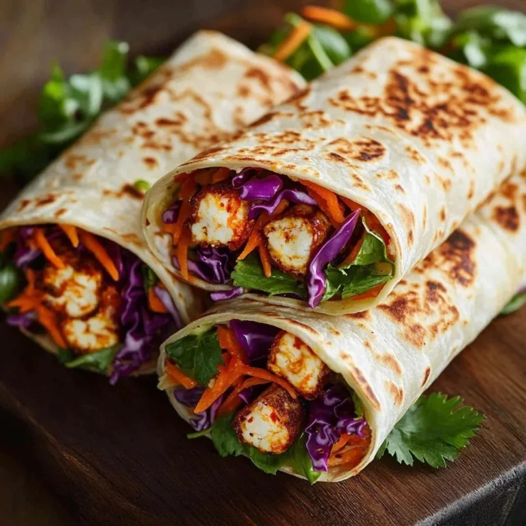 Delicious halloumi wraps with sweet chili sauce and fresh vegetables.