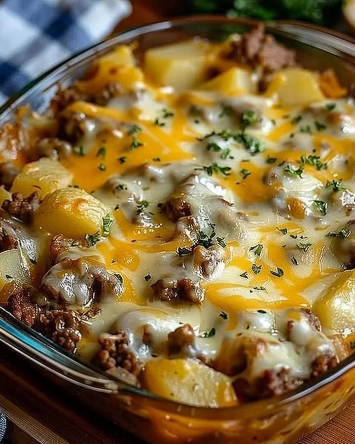 Delicious hamburger potato casserole ready to serve in a baking dish