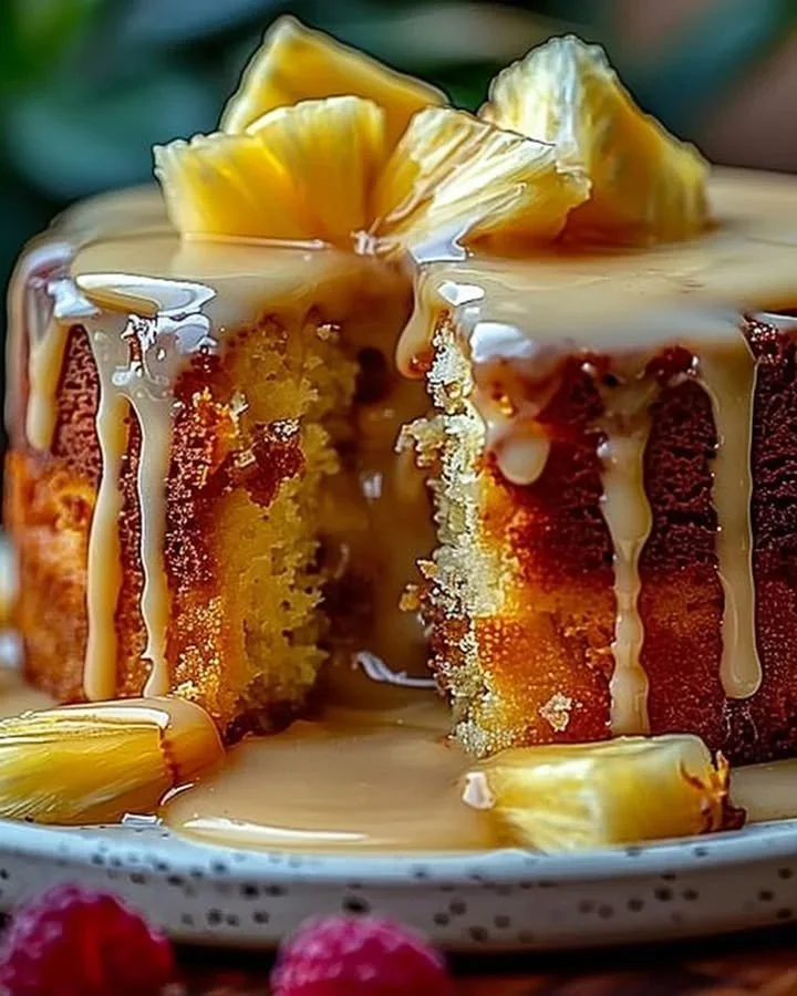 Delicious slice of heavenly pineapple cake with fresh pineapple garnishes