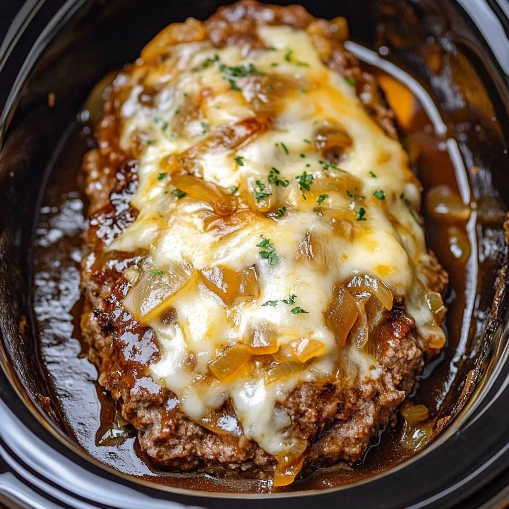 Indulgent slow cooker French onion meatloaf served with caramelized onions.