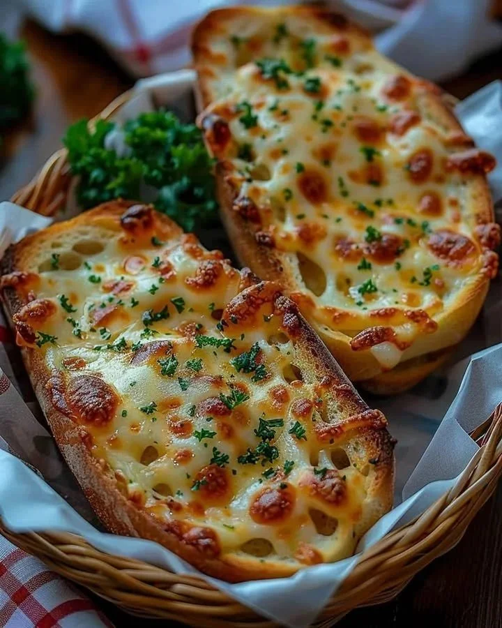 Deliciously baked cheesy garlic bread with melted cheese and herbs