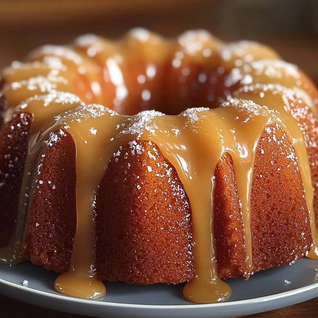 Slice of Kentucky Butter Cake topped with salted caramel drizzle
