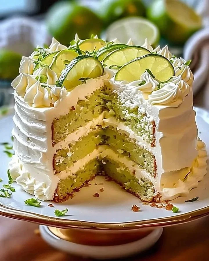 Delicious Key Lime Cake topped with creamy cream cheese frosting