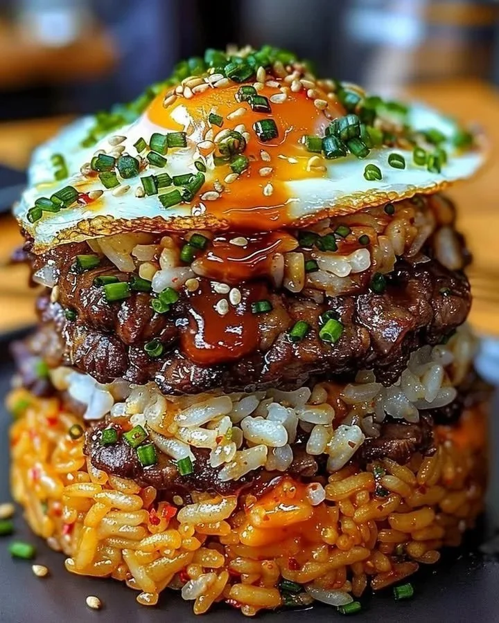Korean BBQ beef rice tower showcasing layers of savory beef and rice.