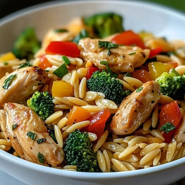Lemon Chicken Veggie Orzo Stir-Fry dish with colorful vegetables and orzo pasta