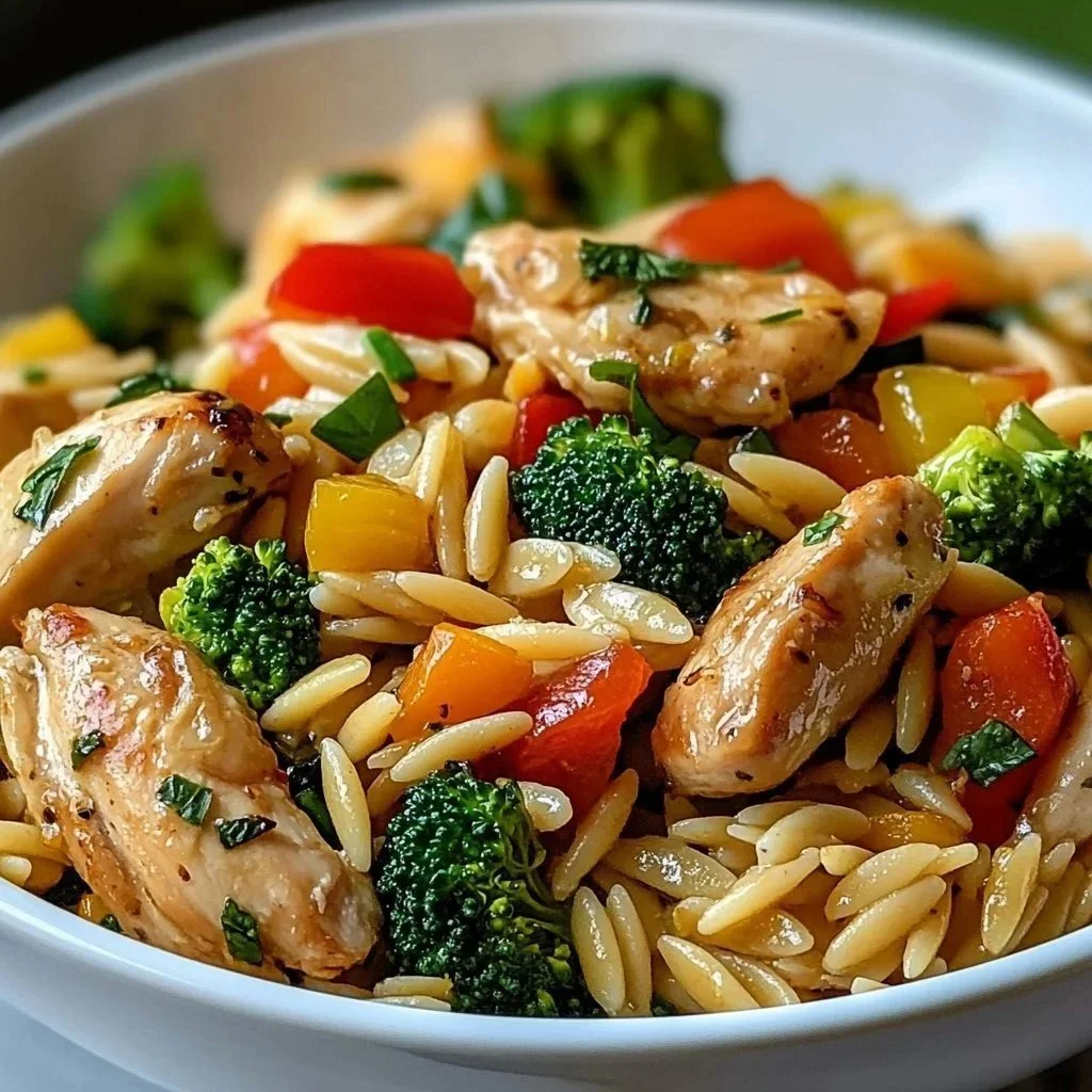Lemon Chicken Veggie Orzo Stir-Fry dish with colorful vegetables and orzo pasta