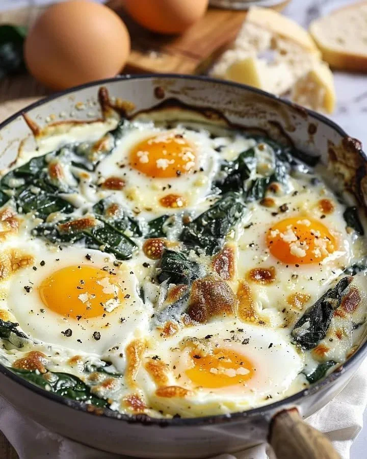 Lemon Parmesan Spinach Baked Eggs dish with vibrant spinach and cheese