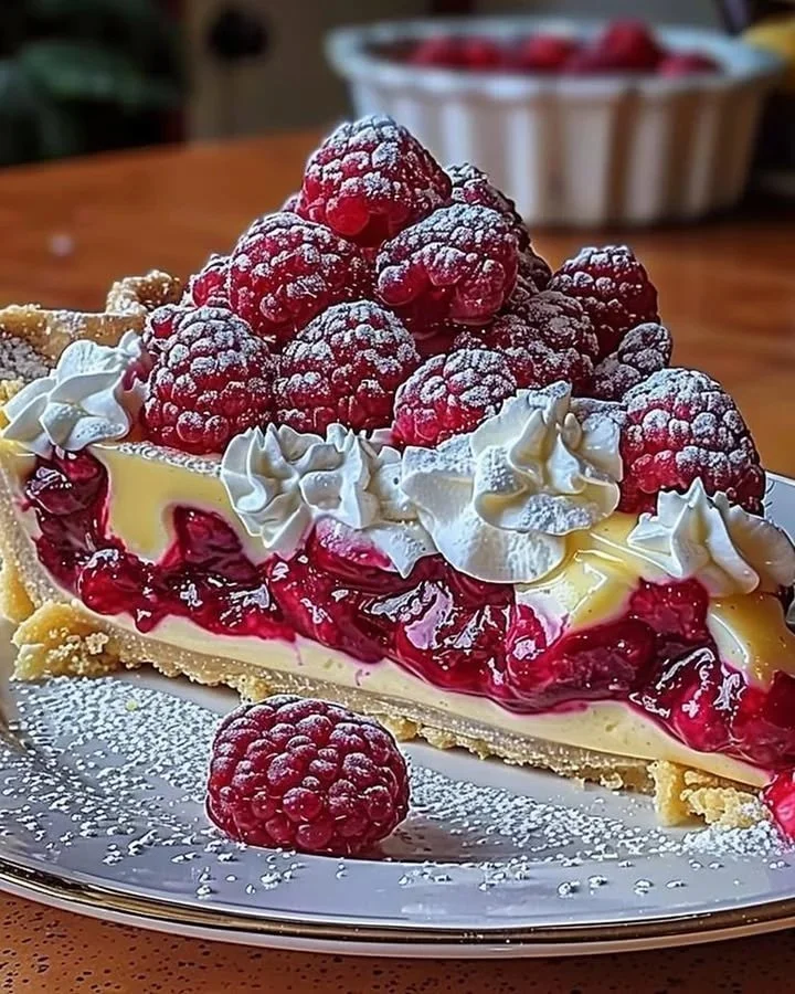 Lemon Raspberry Layered Dessert Pie with fresh raspberries and lemon zest.