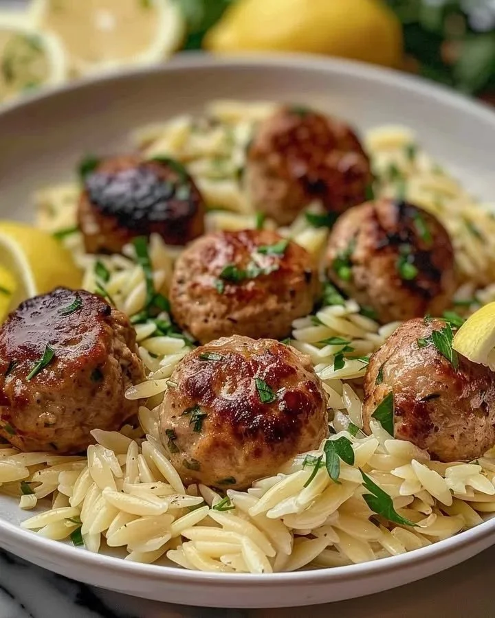 Lemon Ricotta Chicken Meatballs plated with orzo pasta and garnished with herbs