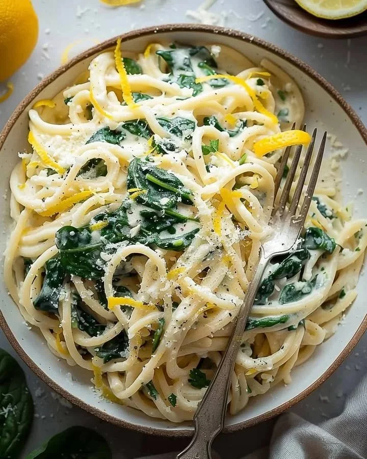 Lemon Ricotta Pasta with Spinach served on a plate