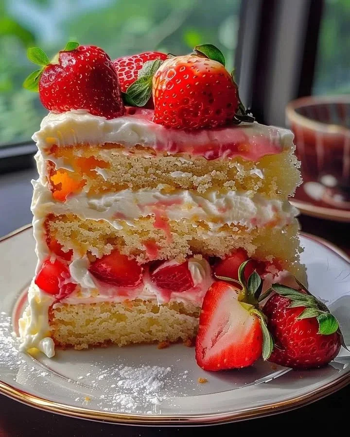 Delicious Lemon Strawberry Layered Cake with sliced strawberries on top.