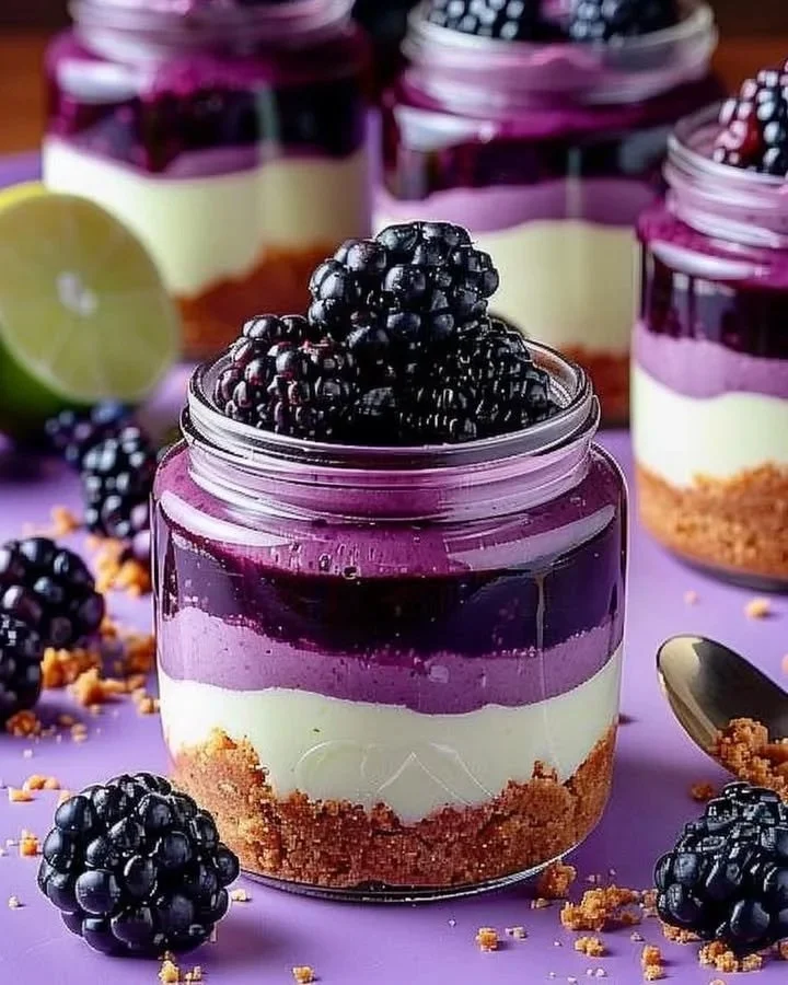 Delicious Lime Blackberry Cheesecake in jars with vibrant blackberry topping.