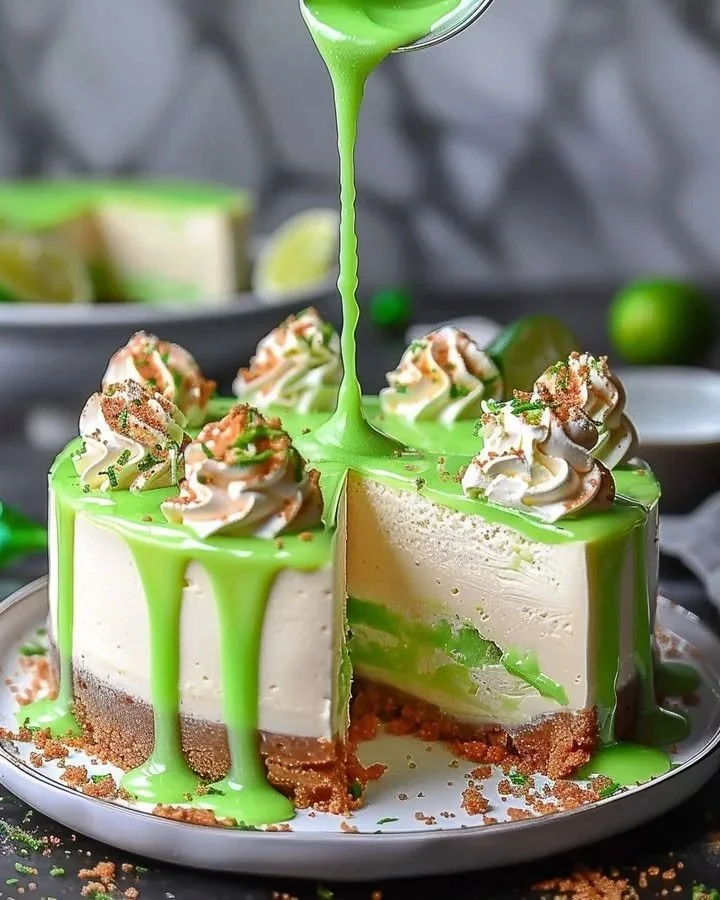 Lime Mousse Cheesecake topped with a glossy lime glaze on a white plate.