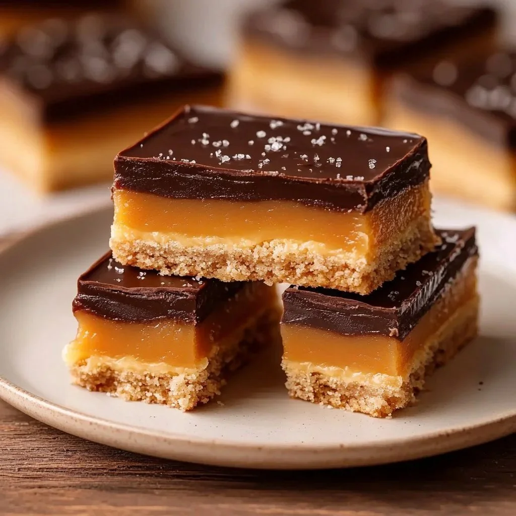 Luxurious caramel shortbread squares with chocolate drizzle on a white plate.