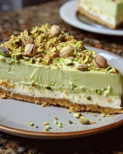 Luxurious pistachio cheesecake topped with crushed nuts and a velvety texture.