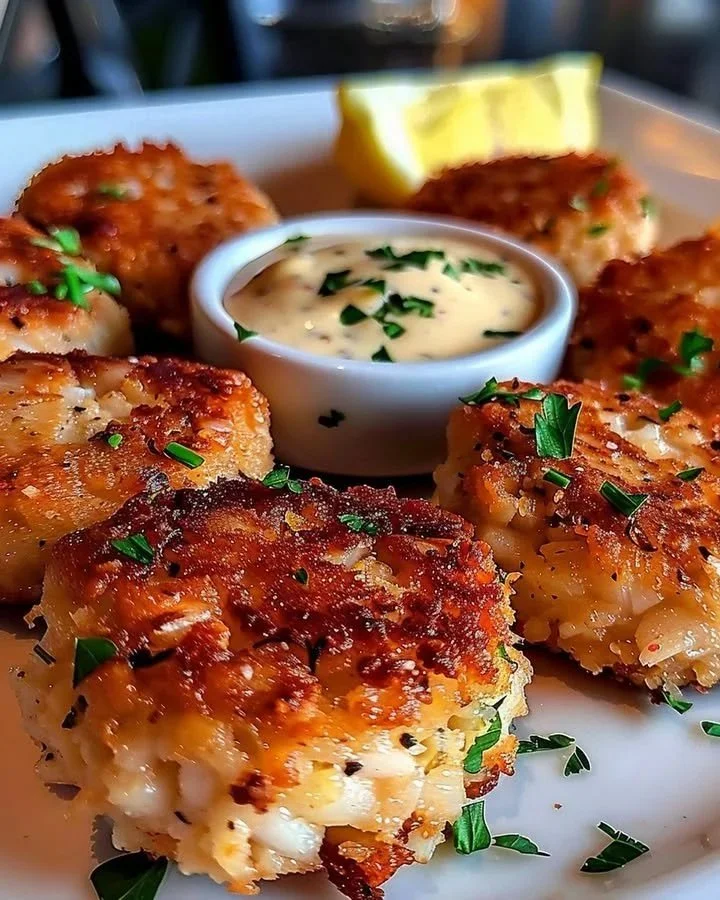 Delicious Maryland-Style Crab Cakes served with lemon wedges and tartar sauce.