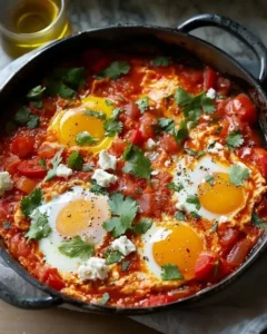 Mediterranean Egg Skillet recipe featuring eggs and feta cheese.