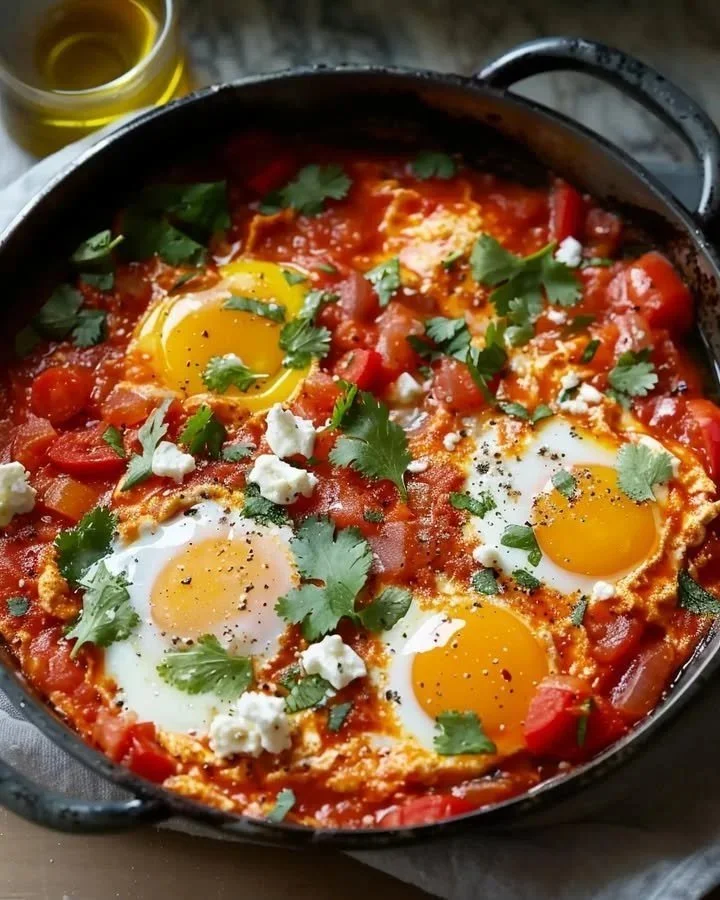 Mediterranean Egg Skillet recipe featuring eggs and feta cheese.