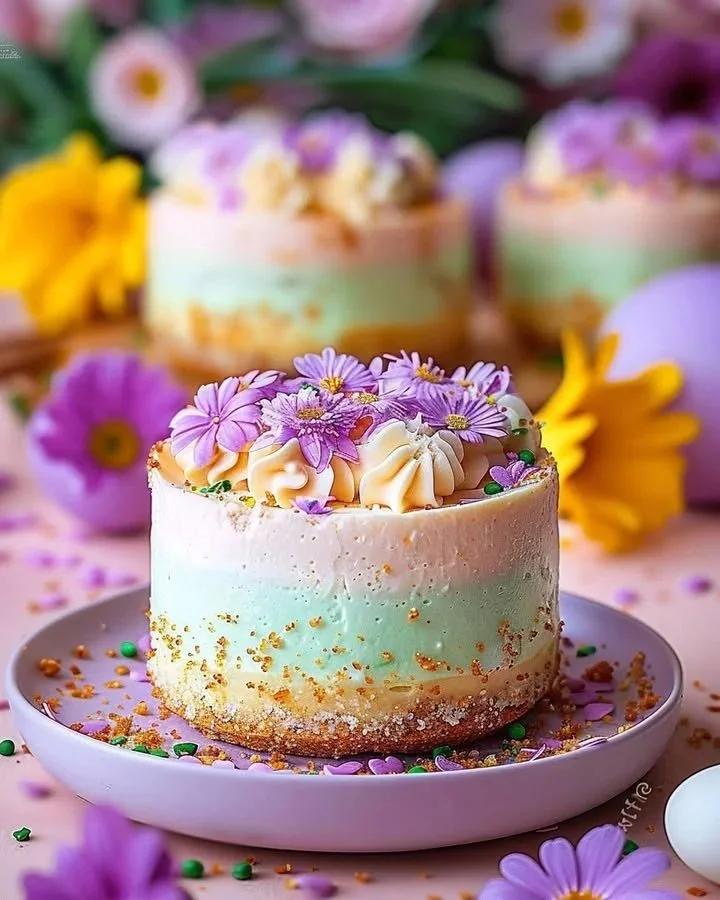 Mini no-bake Easter cheesecakes topped with colorful decorations