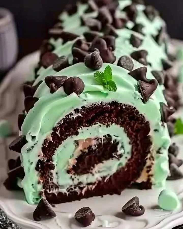 Mint Chocolate Cake Roll dessert with chocolate and mint flavors