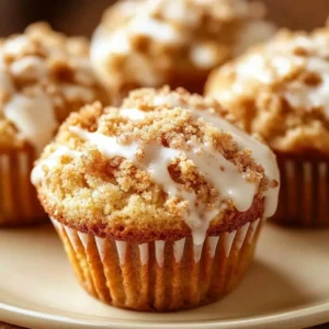 Moist coffee cake muffins with a crumbly topping on a rustic plate