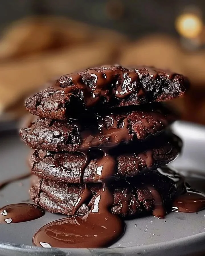 Molten chocolate lava brownie cookies on a white plate