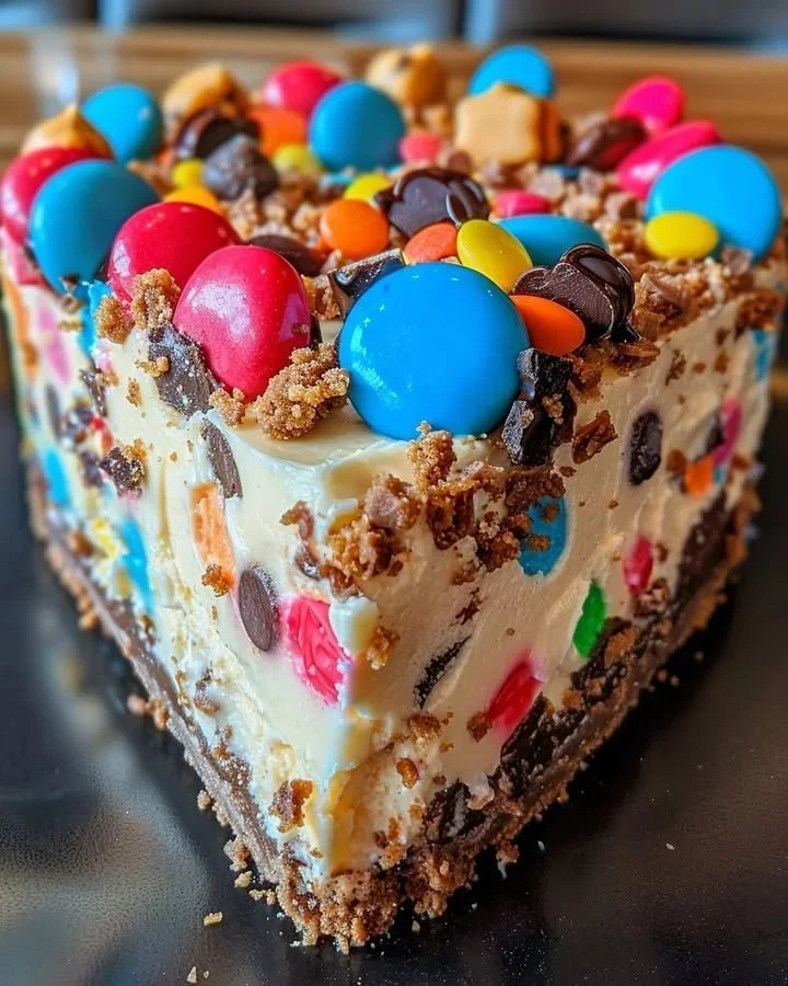 Monstrous No-Bake Cookie Dough Cheesecake topped with chocolate chips