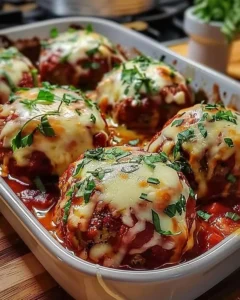 Plate of mozzarella-stuffed baked meatballs sprinkled with herbs